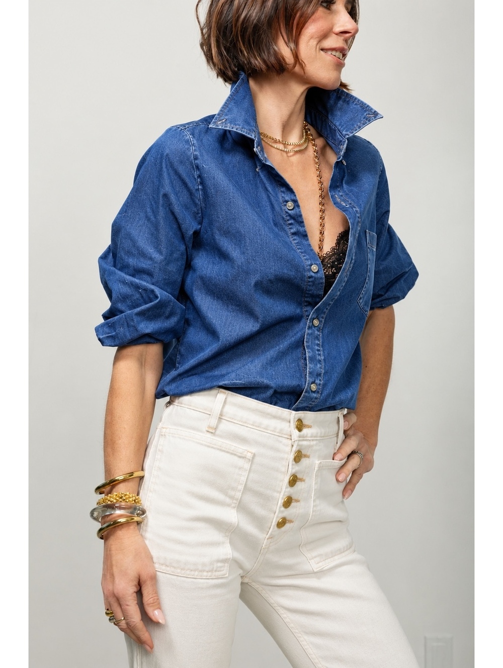 KMJ Meeghan Demi Fit Denim Button Down Shirt XS Puff Sleeve Made USA